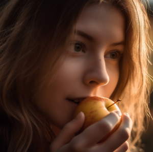A woman biting an apple