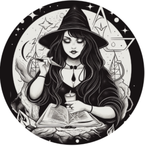 A witch drawing in black and white, the witch has a pointy hat, a black dress and a knife in her right hand, she is looking down on and old book, she has a candle in her left hand.